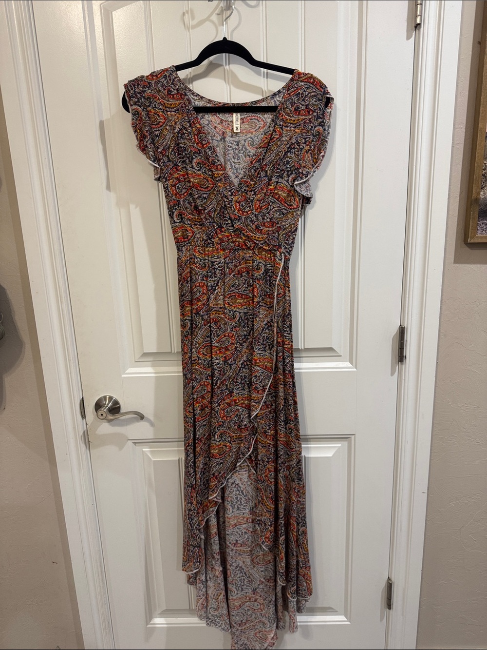 Paisley High-Low Wrap Dress in Rust and Navy